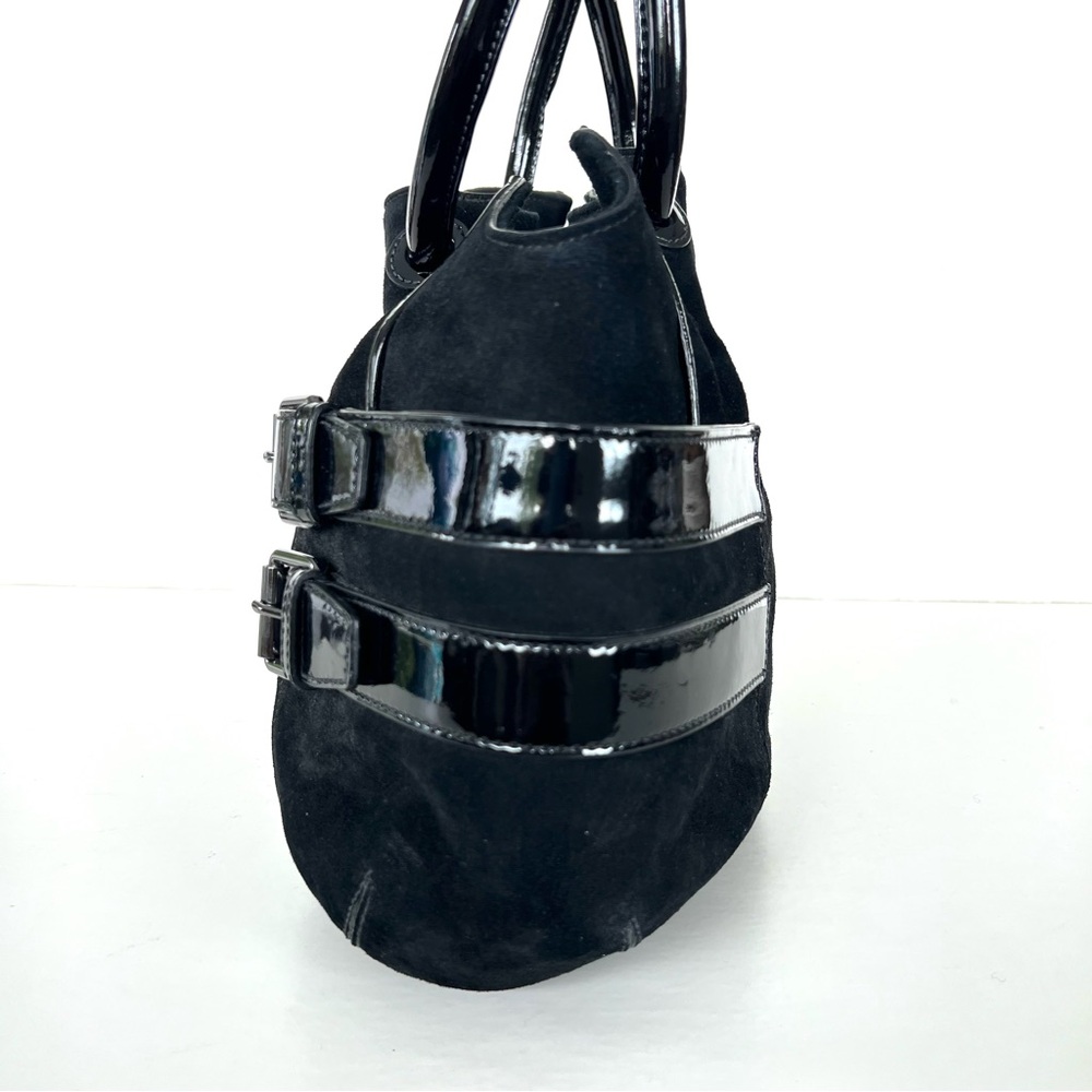 COLE HAAN Black Suede w Patent Leather Side Buckle Pockets Shoulder Bag Tote - Picture 5 of 14
